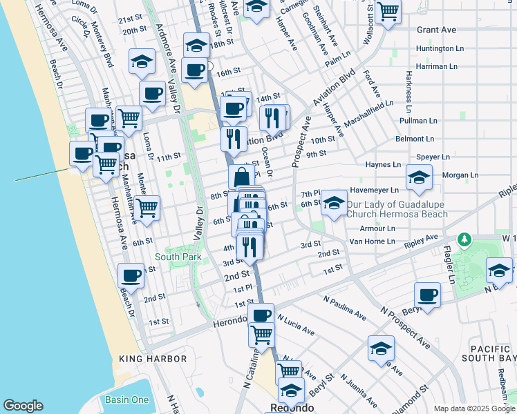 map of restaurants, bars, coffee shops, grocery stores, and more near 839 6th Street in Hermosa Beach