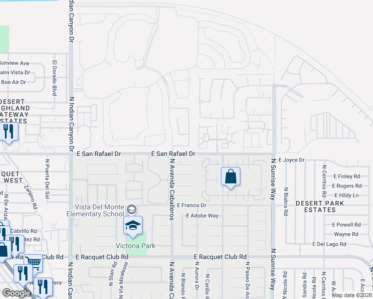 map of restaurants, bars, coffee shops, grocery stores, and more near 1125 Vía San Michael Road in Palm Springs