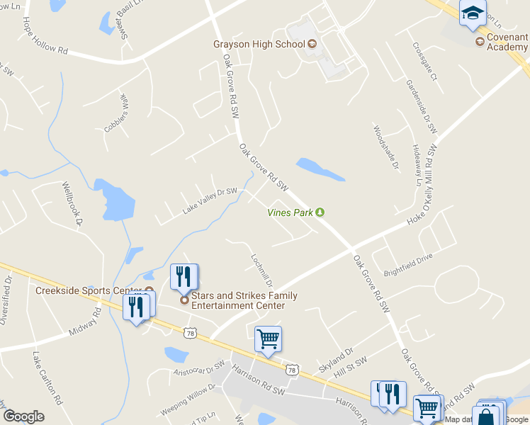map of restaurants, bars, coffee shops, grocery stores, and more near 80 Lake Valley Drive Southwest in Loganville