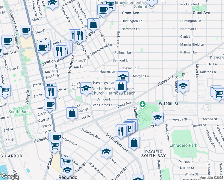 map of restaurants, bars, coffee shops, grocery stores, and more near 1739 Spreckels Lane in Redondo Beach