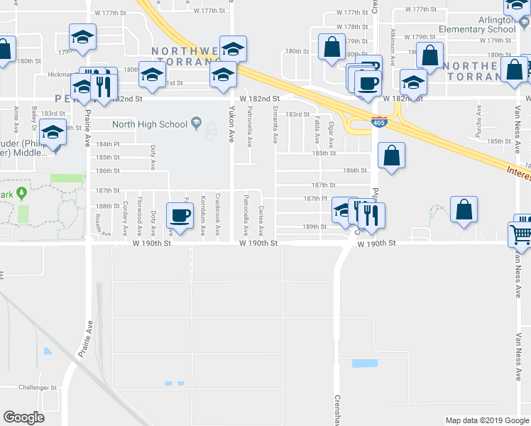 map of restaurants, bars, coffee shops, grocery stores, and more near 18820 Cerise Avenue in Torrance