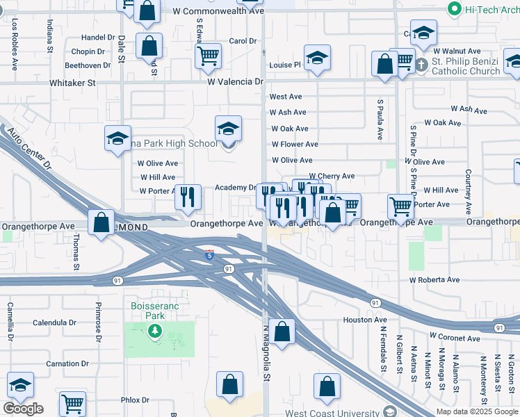 map of restaurants, bars, coffee shops, grocery stores, and more near 6972 Sagebrush Circle in Buena Park