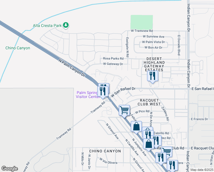 map of restaurants, bars, coffee shops, grocery stores, and more near 685 North Ashurst Court in Palm Springs