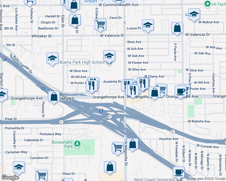 map of restaurants, bars, coffee shops, grocery stores, and more near 6966 Cottonwood Lane in Buena Park