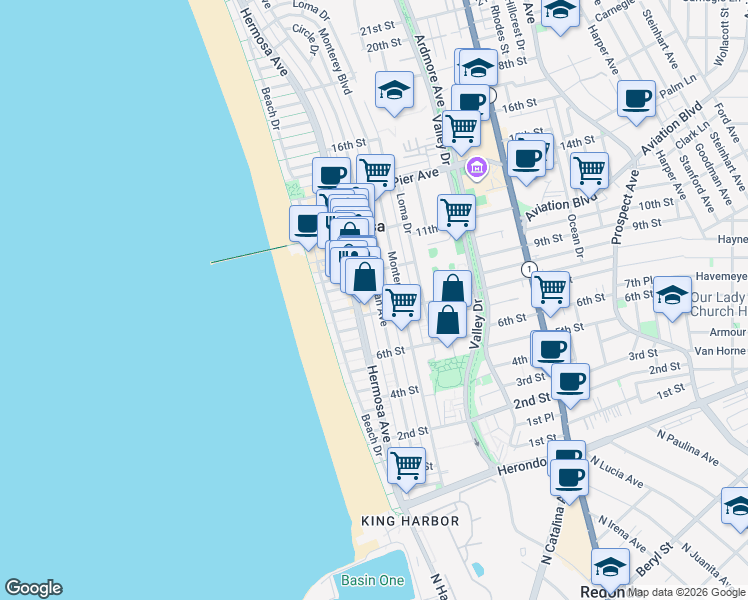 map of restaurants, bars, coffee shops, grocery stores, and more near in Hermosa Beach