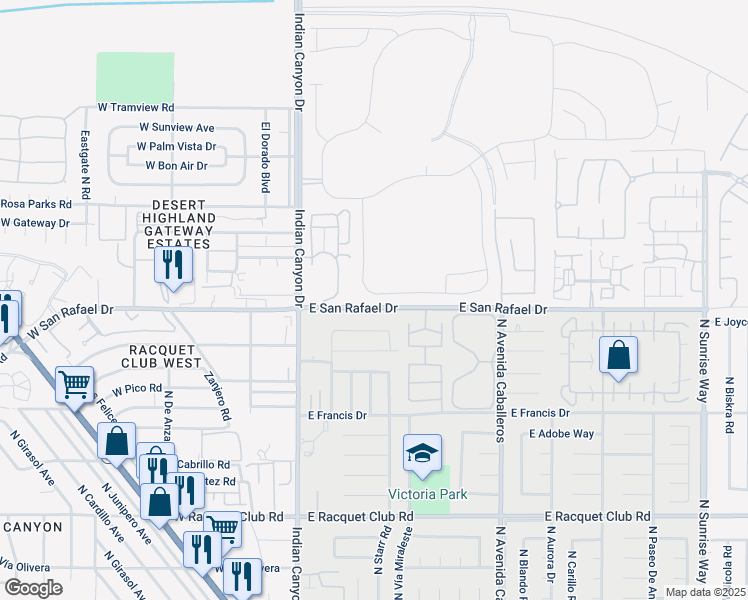 map of restaurants, bars, coffee shops, grocery stores, and more near 379 Fountain Drive in Palm Springs