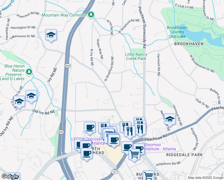 map of restaurants, bars, coffee shops, grocery stores, and more near 3796 Wieuca Terrace Northeast in Atlanta