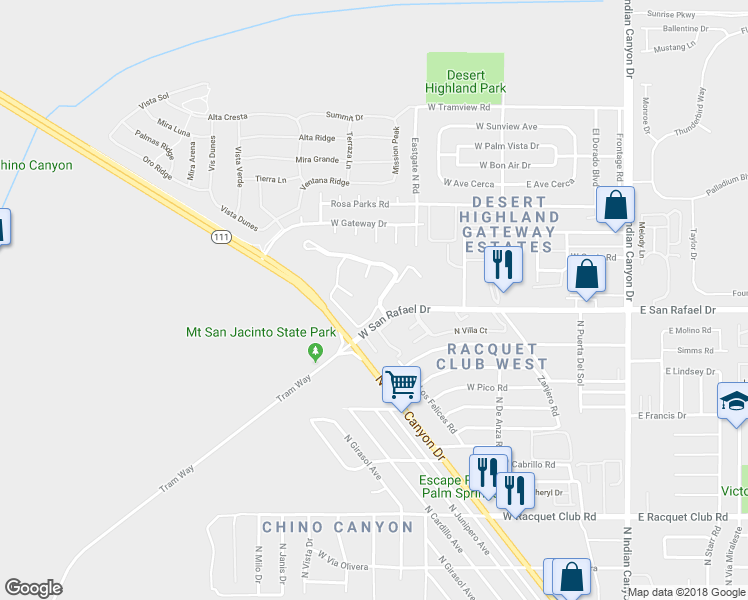 map of restaurants, bars, coffee shops, grocery stores, and more near 2857 Los Felices Circle East in Palm Springs