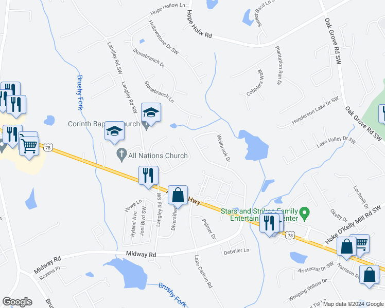 map of restaurants, bars, coffee shops, grocery stores, and more near 3415 Wrenwood Court in Loganville