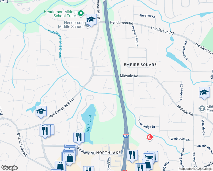 map of restaurants, bars, coffee shops, grocery stores, and more near 2519 Lauderdale Drive Northeast in Atlanta