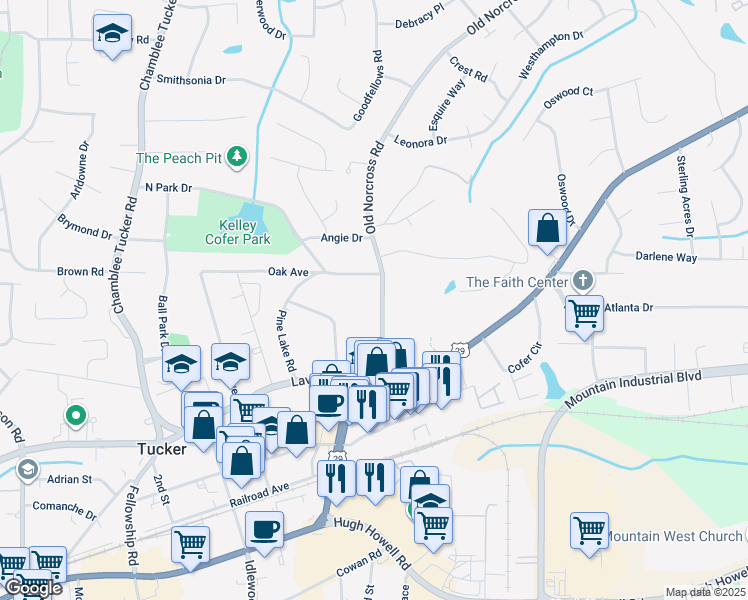 map of restaurants, bars, coffee shops, grocery stores, and more near 2532 Old Norcross Road in Tucker