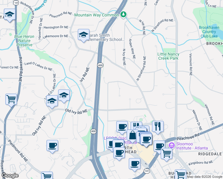 map of restaurants, bars, coffee shops, grocery stores, and more near 3791 North Stratford Road Northeast in Atlanta