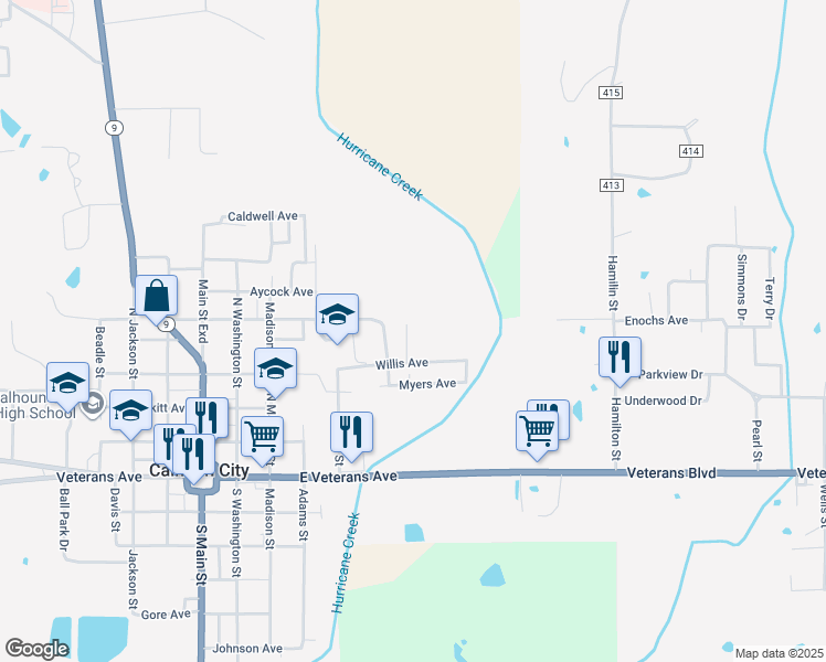 map of restaurants, bars, coffee shops, grocery stores, and more near Willis Avenue in Calhoun City