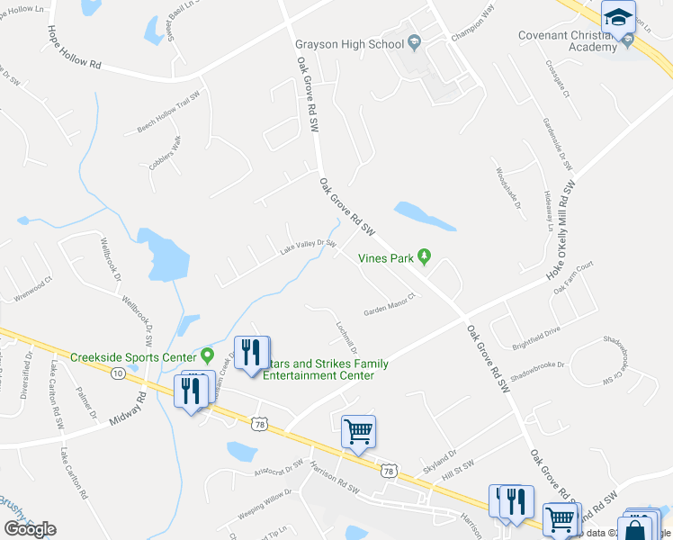 map of restaurants, bars, coffee shops, grocery stores, and more near 280 Grayson Manor Drive Southwest in Loganville