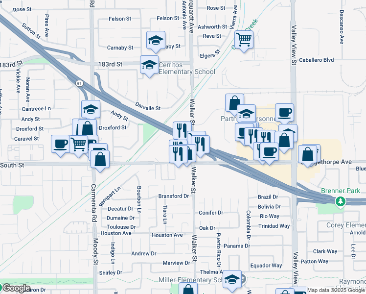 map of restaurants, bars, coffee shops, grocery stores, and more near 6901 Walker Street in La Palma