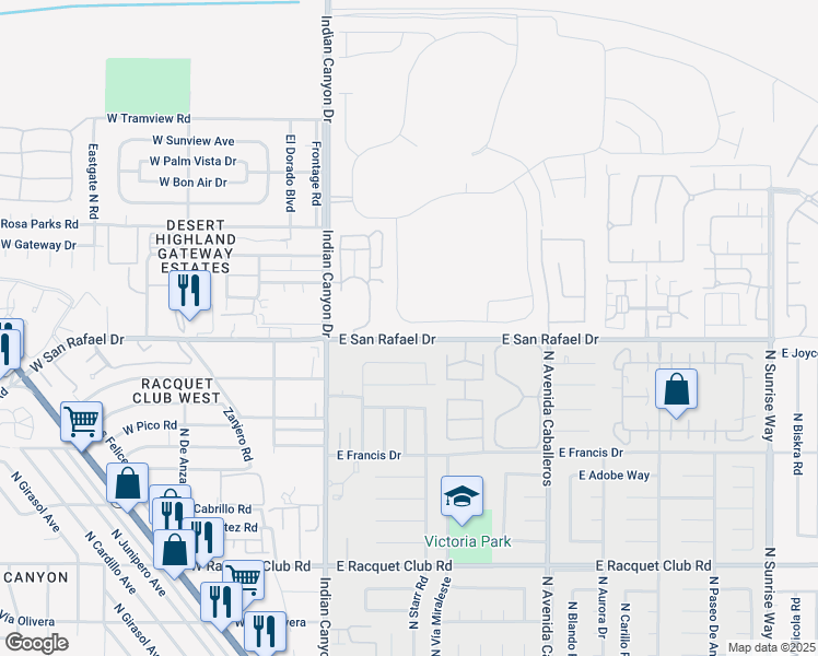 map of restaurants, bars, coffee shops, grocery stores, and more near 379 Fountain Drive in Palm Springs