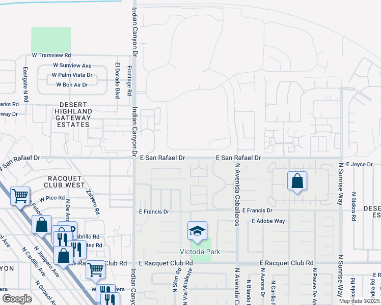 map of restaurants, bars, coffee shops, grocery stores, and more near 565 Fountain Drive in Palm Springs