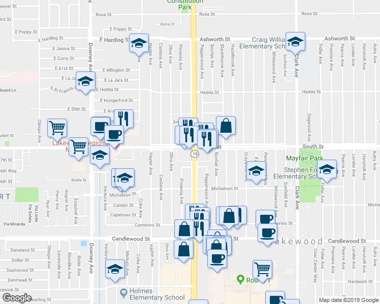 map of restaurants, bars, coffee shops, grocery stores, and more near 5747 Lakewood Boulevard in Lakewood