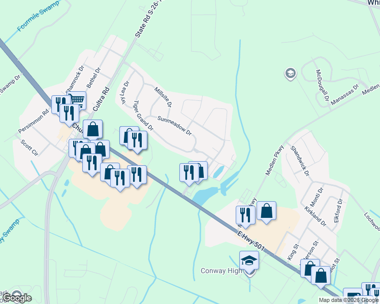 map of restaurants, bars, coffee shops, grocery stores, and more near 1476 Tiger Grand Drive in Conway