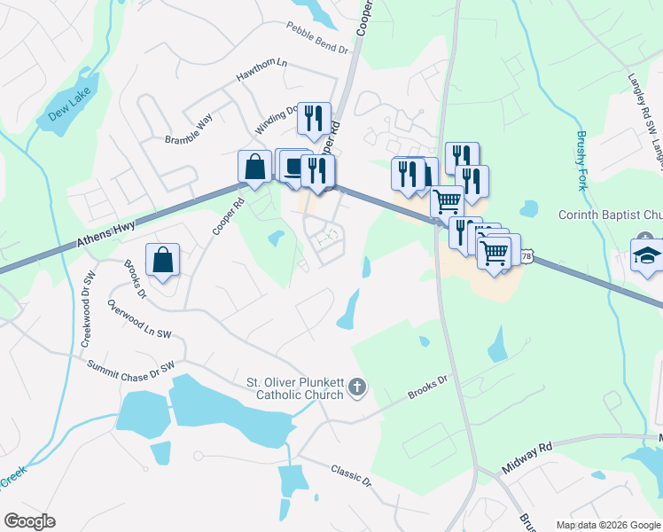 map of restaurants, bars, coffee shops, grocery stores, and more near 1096 Masters Lane in Snellville