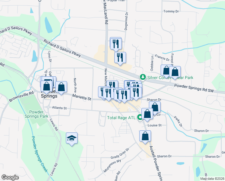 map of restaurants, bars, coffee shops, grocery stores, and more near 3848 Equity Lane in Powder Springs