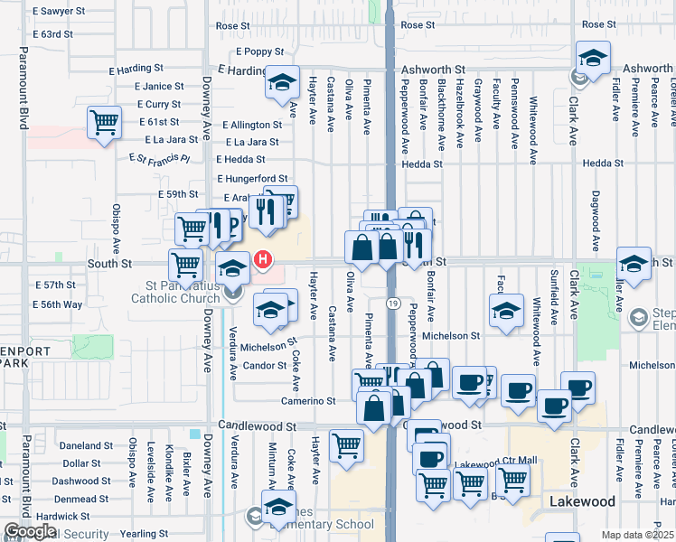 map of restaurants, bars, coffee shops, grocery stores, and more near 5744 Castana Avenue in Lakewood