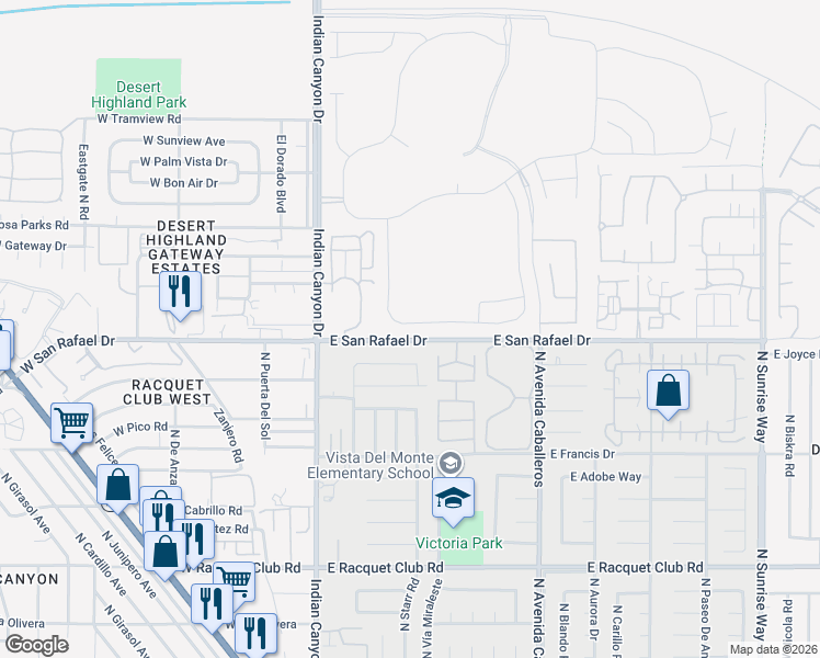 map of restaurants, bars, coffee shops, grocery stores, and more near 445 East San Rafael Drive in Palm Springs