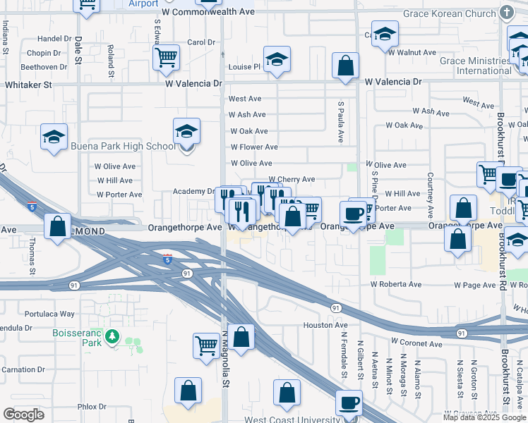 map of restaurants, bars, coffee shops, grocery stores, and more near 2600 West Porter Avenue in Fullerton