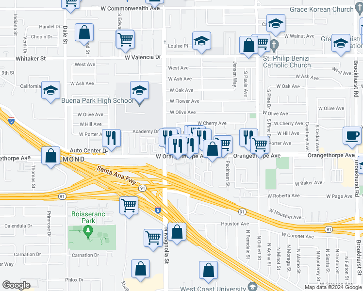 map of restaurants, bars, coffee shops, grocery stores, and more near 2655 West Orangethorpe Avenue in Fullerton