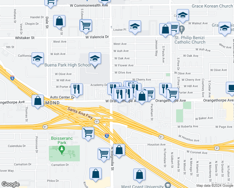 map of restaurants, bars, coffee shops, grocery stores, and more near 2655 West Orangethorpe Avenue in Fullerton