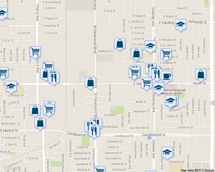 map of restaurants, bars, coffee shops, grocery stores, and more near 2851 East 57th Street in Long Beach