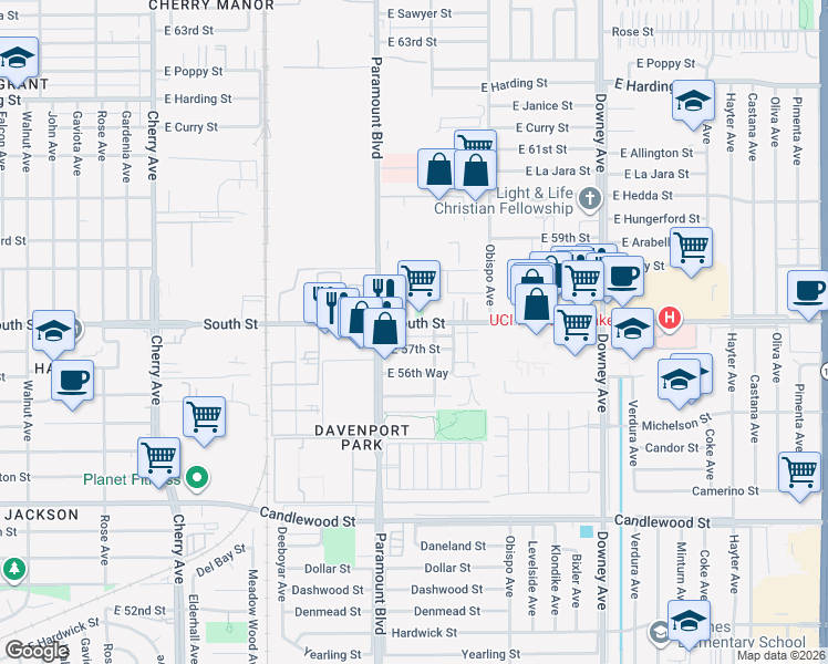 map of restaurants, bars, coffee shops, grocery stores, and more near 2851 East 57th Street in Long Beach