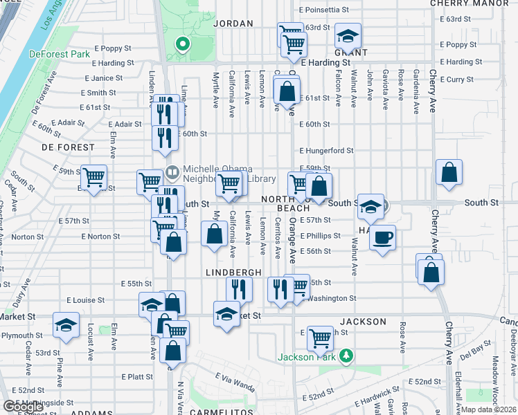 map of restaurants, bars, coffee shops, grocery stores, and more near 5710 Lemon Avenue in Long Beach