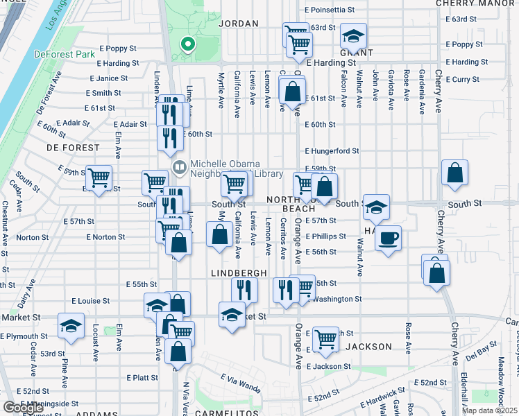 map of restaurants, bars, coffee shops, grocery stores, and more near 5710 Lemon Avenue in Long Beach