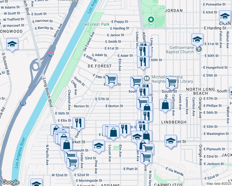 map of restaurants, bars, coffee shops, grocery stores, and more near 317 East 57th Street in Long Beach