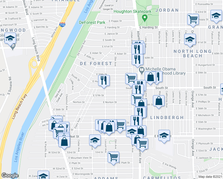 map of restaurants, bars, coffee shops, grocery stores, and more near 317 East 57th Street in Long Beach