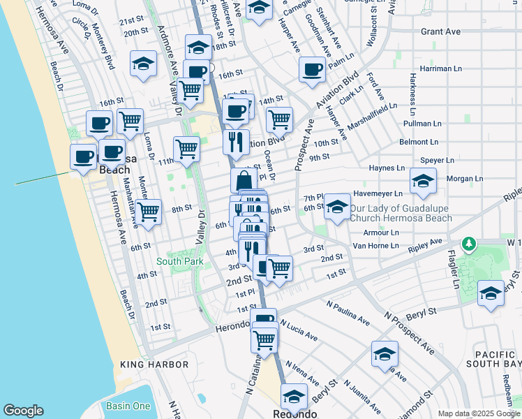 map of restaurants, bars, coffee shops, grocery stores, and more near 549 Gravley Court in Hermosa Beach