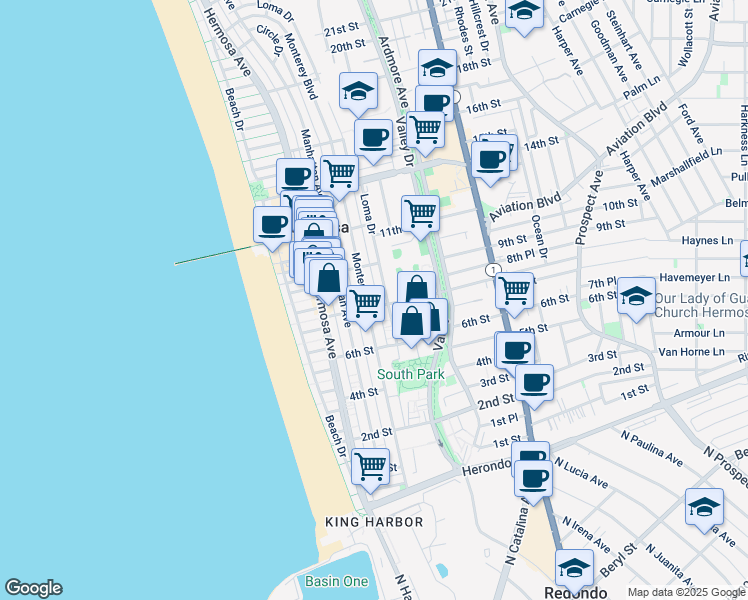 map of restaurants, bars, coffee shops, grocery stores, and more near 751 Loma Drive in Hermosa Beach