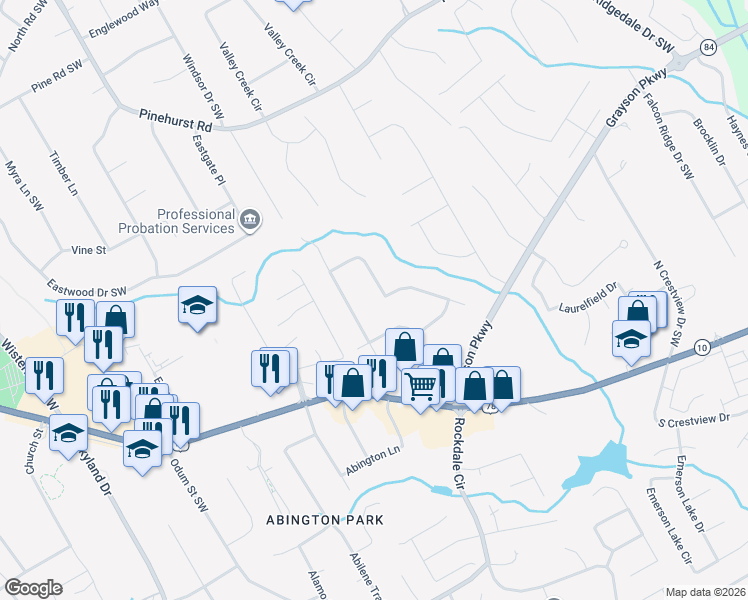 map of restaurants, bars, coffee shops, grocery stores, and more near 2537 Kings Pistol Court in Grayson