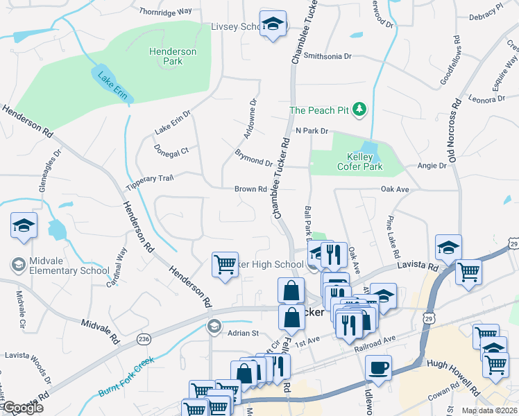 map of restaurants, bars, coffee shops, grocery stores, and more near 2510 Pine Cove Drive in Tucker