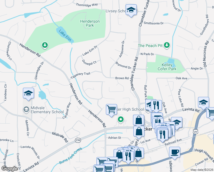 map of restaurants, bars, coffee shops, grocery stores, and more near 3802 Northlake Creek Drive in Tucker