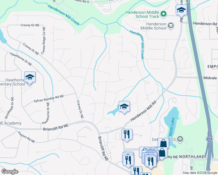 map of restaurants, bars, coffee shops, grocery stores, and more near 2519 King Arthur Circle Northeast in Atlanta