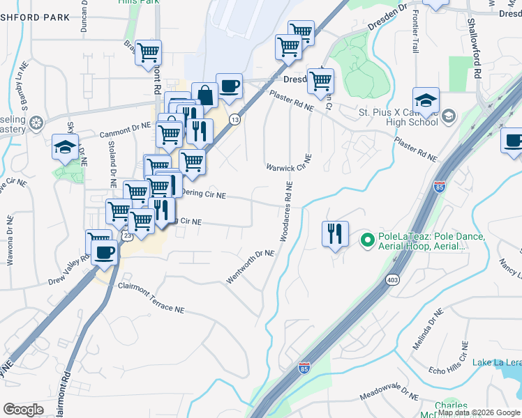 map of restaurants, bars, coffee shops, grocery stores, and more near 2095 Capehart Circle Northeast in Atlanta