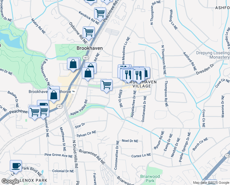 map of restaurants, bars, coffee shops, grocery stores, and more near 2516 Ellijay Drive Northeast in Atlanta