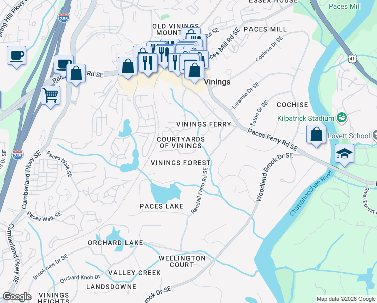 map of restaurants, bars, coffee shops, grocery stores, and more near 3011 Vinings Forest Way Southeast in Atlanta