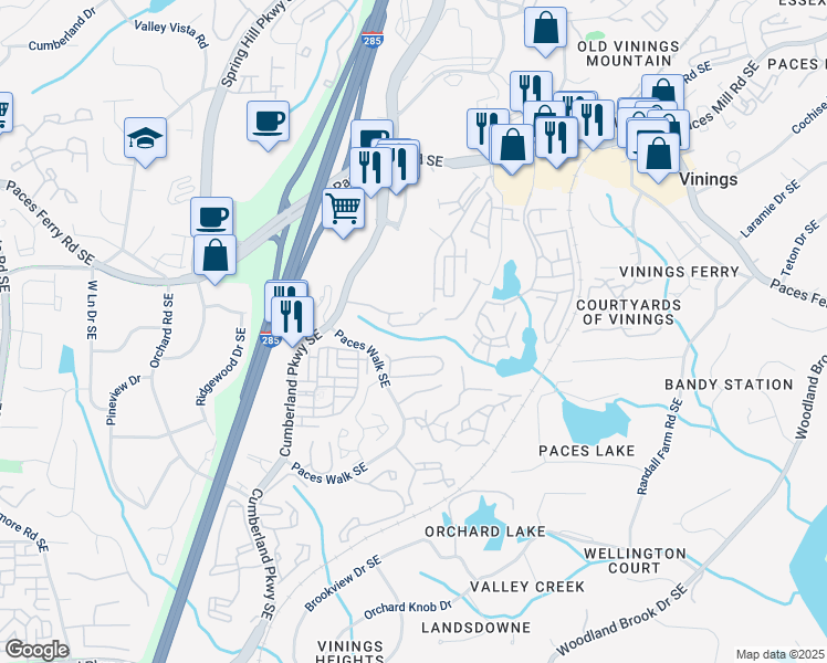 map of restaurants, bars, coffee shops, grocery stores, and more near 2614-2616 Paces Place Northwest in Atlanta