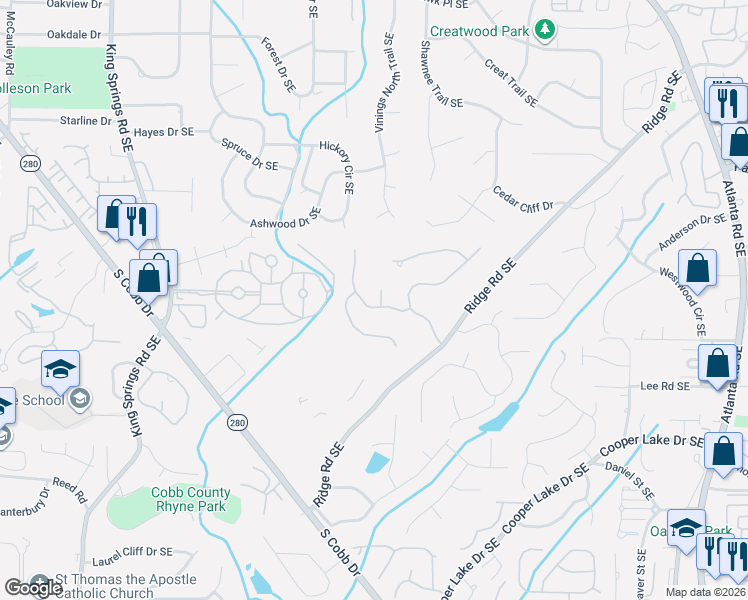 map of restaurants, bars, coffee shops, grocery stores, and more near 1111 Vinings Falls Drive in Smyrna