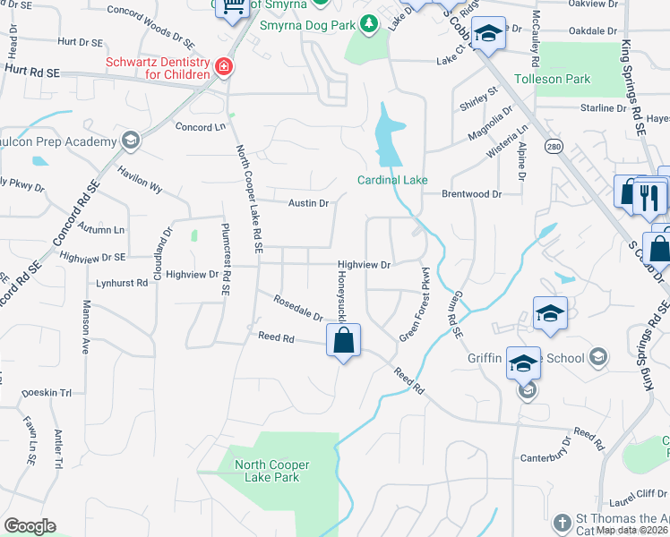 map of restaurants, bars, coffee shops, grocery stores, and more near 726 Highview Drive in Smyrna