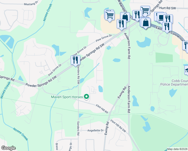 map of restaurants, bars, coffee shops, grocery stores, and more near 3846 Cedar Drive in Marietta