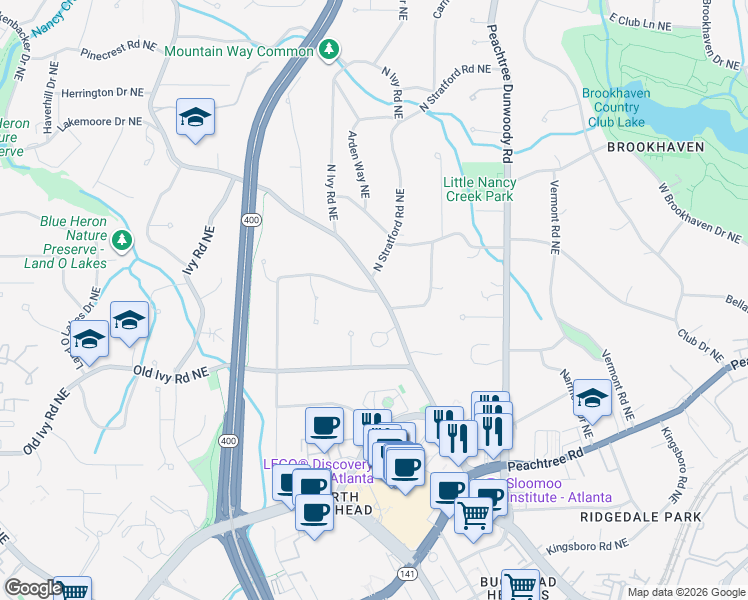 map of restaurants, bars, coffee shops, grocery stores, and more near 3796 Wieuca Terrace Northeast in Atlanta